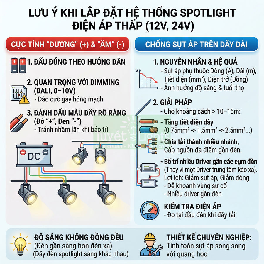 Hướng dẫn lắp đặt hệ thống đèn spotlight điện áp thấp 12V 24V với sơ đồ đấu nối và chống sụt áp