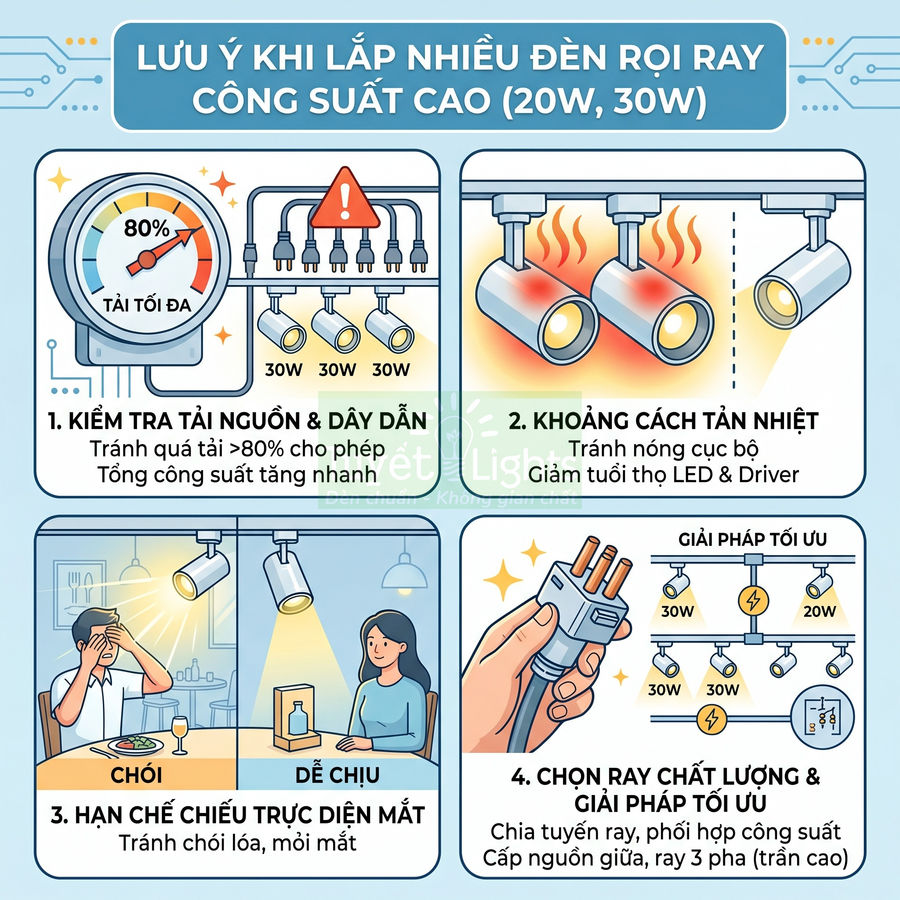 Hướng dẫn lắp đặt đèn rọi ray LED công suất cao 20W 30W với lưu ý về tải nguồn và khoảng cách tản nhiệt