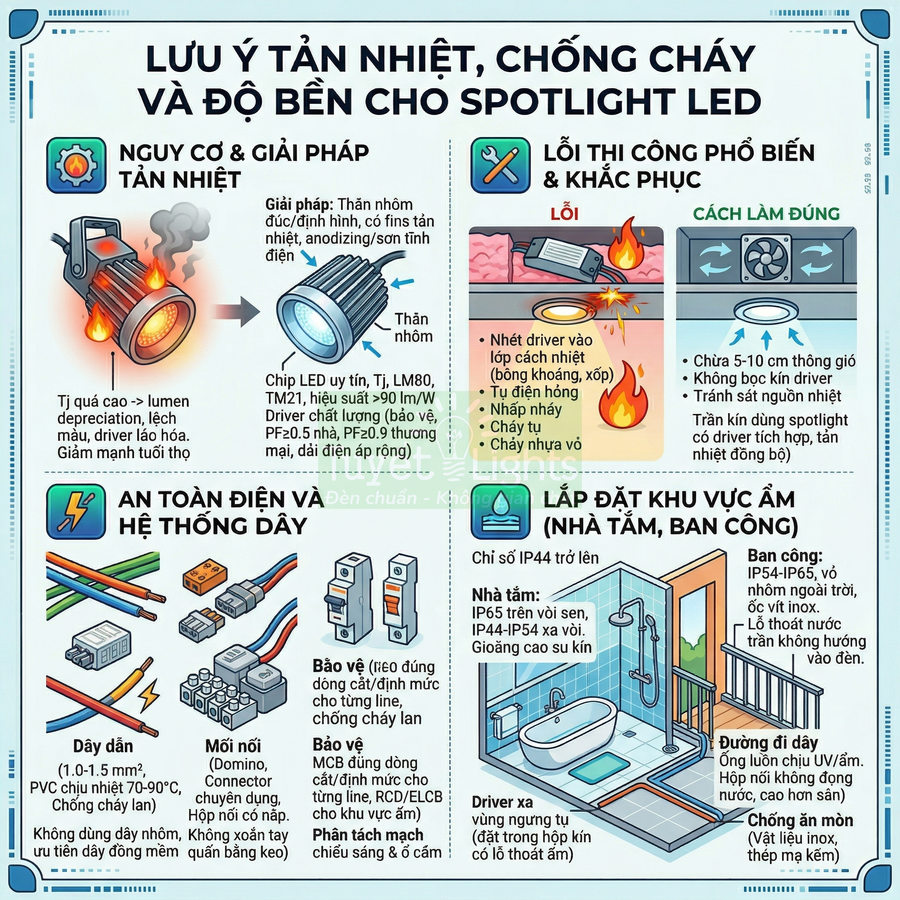 Infographic hướng dẫn tản nhiệt, chống cháy và lắp đặt an toàn cho đèn spotlight LED trong nhà tắm và ban công