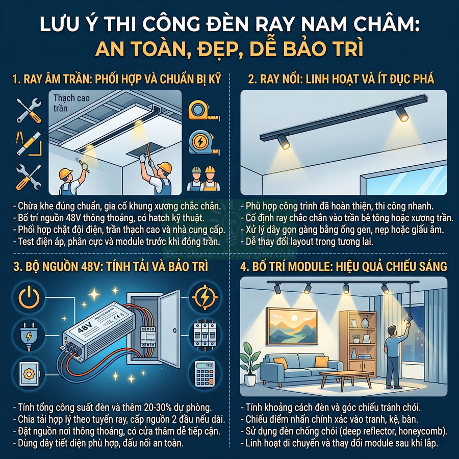 Hướng dẫn lắp đặt đèn ray nam châm âm trần và nổi với bộ nguồn 48V và bố trí module chiếu sáng trong phòng khách