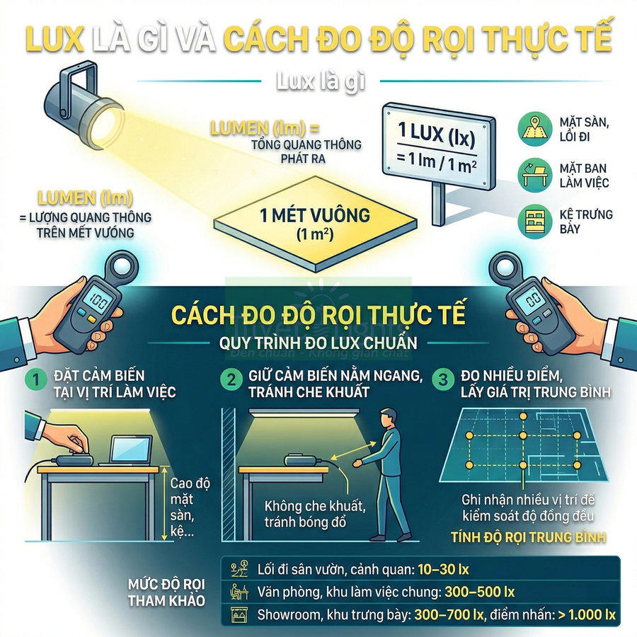 Infographic hướng dẫn đo độ rọi lux bằng máy đo ánh sáng và cảm biến tại bàn làm việc