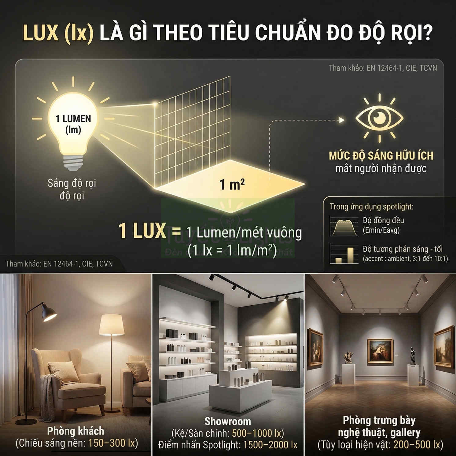 Infographic giải thích đơn vị lux đo độ rọi và gợi ý mức sáng cho phòng khách, showroom, phòng trưng bày nghệ thuật