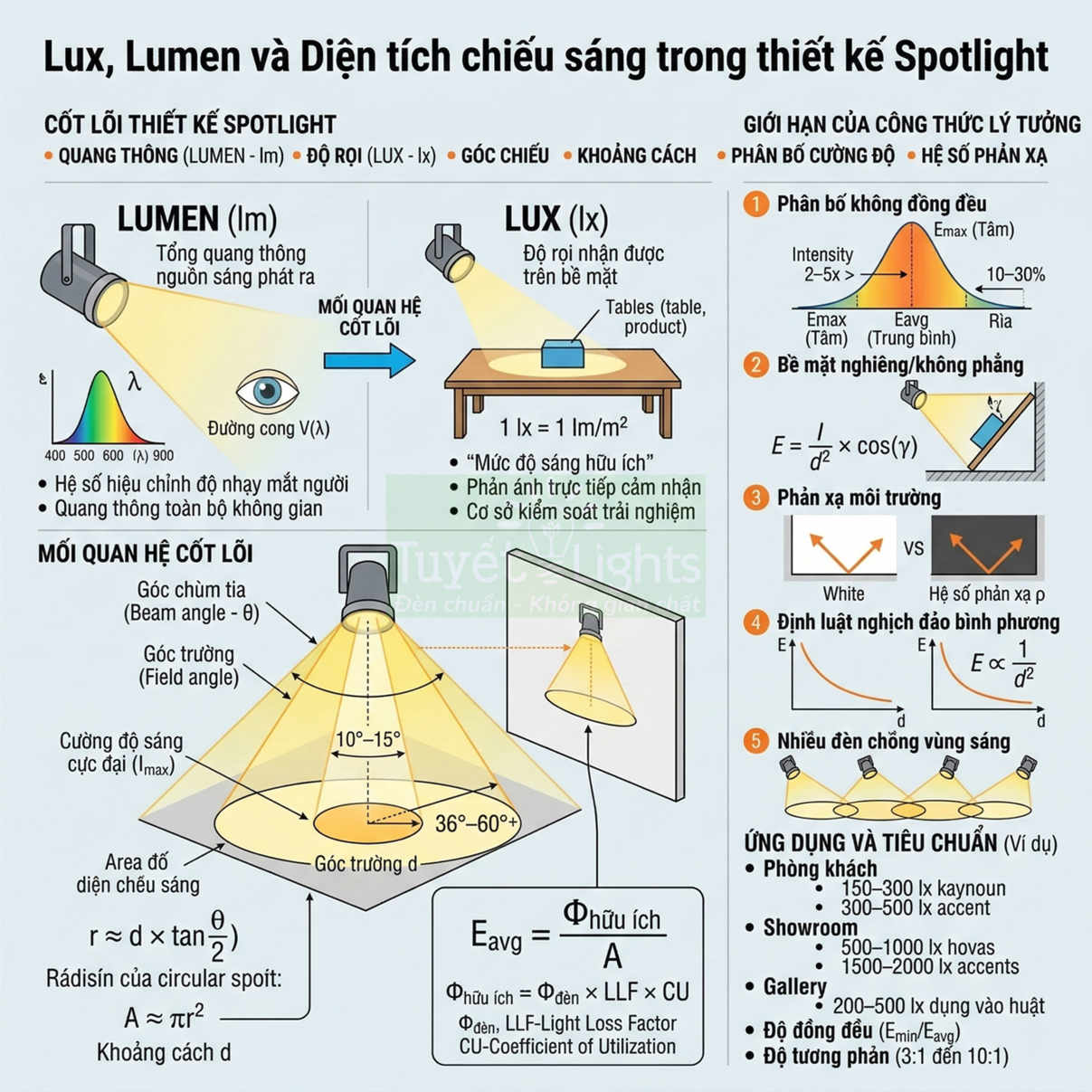Infographic hướng dẫn thiết kế đèn spotlight, giải thích lumen lux góc chiếu và diện tích chiếu sáng
