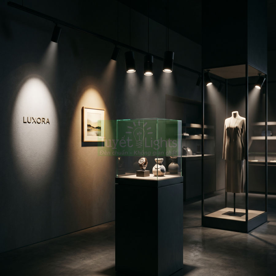Đèn rọi ray chiếu sáng tủ trưng bày hiện đại trong showroom thời trang cao cấp