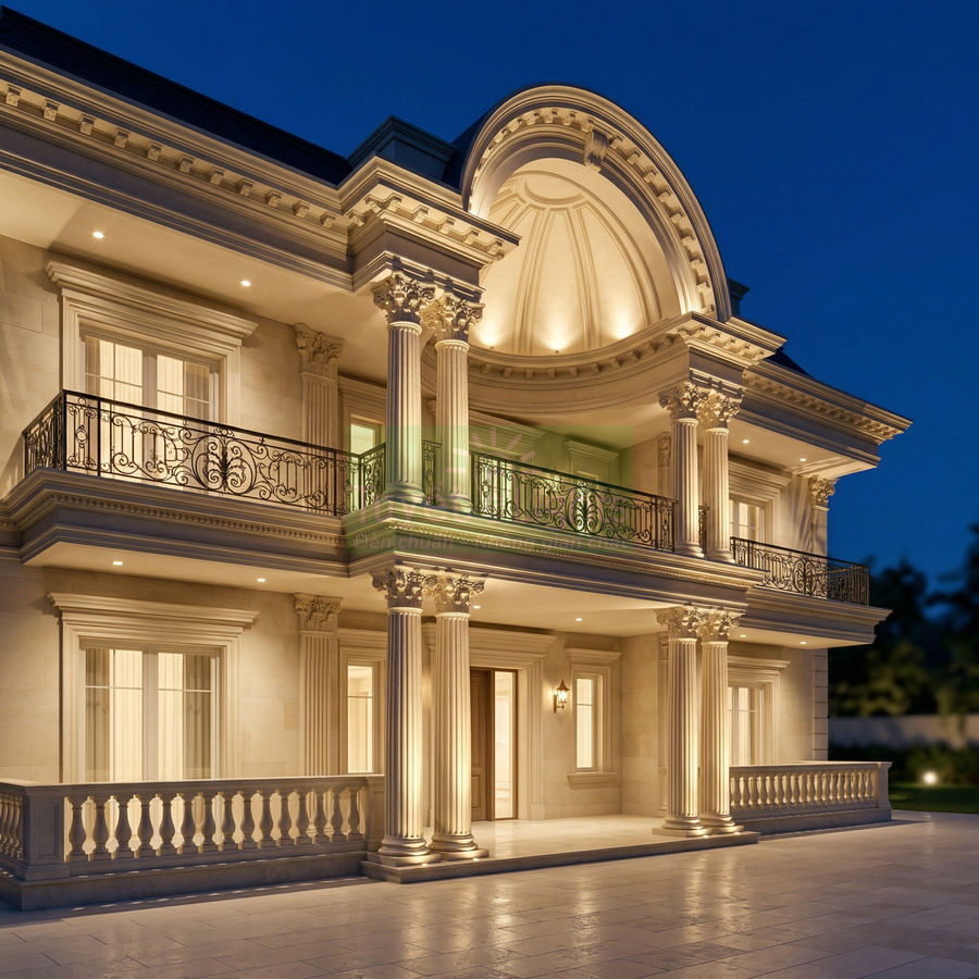 Biệt thự tân cổ điển sang trọng với cột trụ lớn và ban công lan can sắt nghệ thuật được chiếu sáng ban đêm