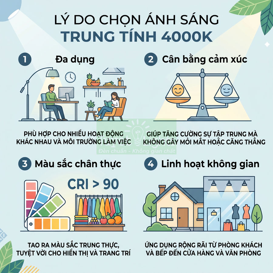 Infographic lý do chọn ánh sáng trung tính 4000K cho đèn chiếu sáng đa dụng, màu sắc chân thực, linh hoạt không gian