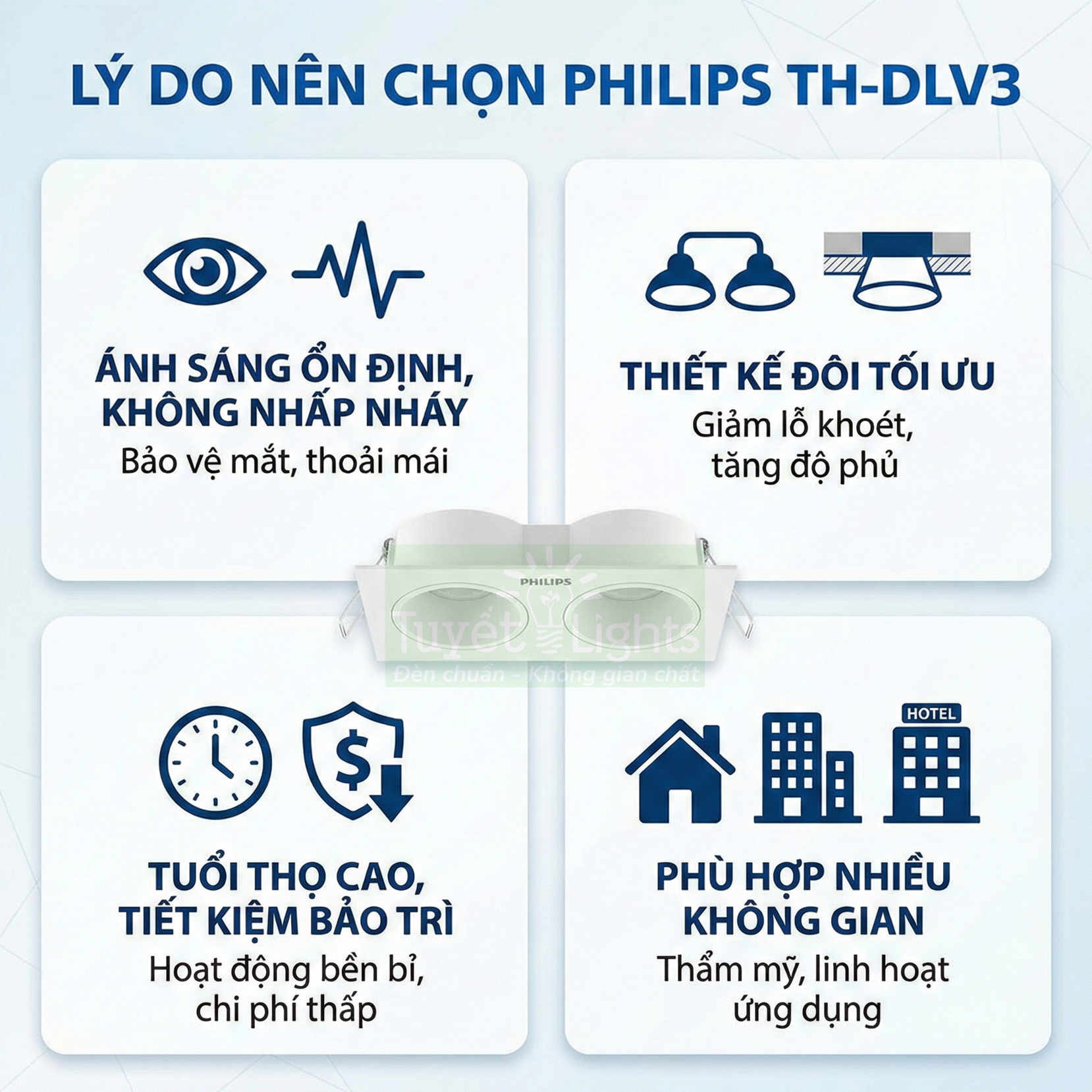 Đèn âm trần Philips TH DLV3 ánh sáng ổn định, thiết kế đôi, bền, phù hợp nhiều không gian