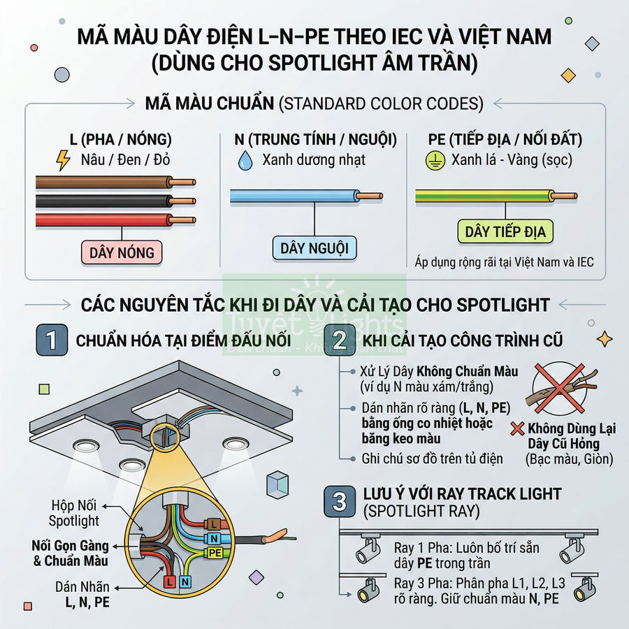 Bảng hướng dẫn mã màu dây điện L N PE cho spotlight âm trần theo tiêu chuẩn IEC và Việt Nam