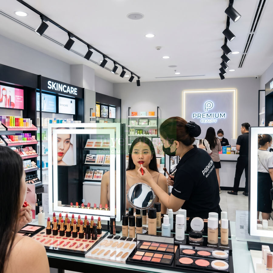 Nhân viên Premium Beauty thử son môi đỏ cho khách tại quầy trưng bày son, kem nền và bảng phấn trang điểm