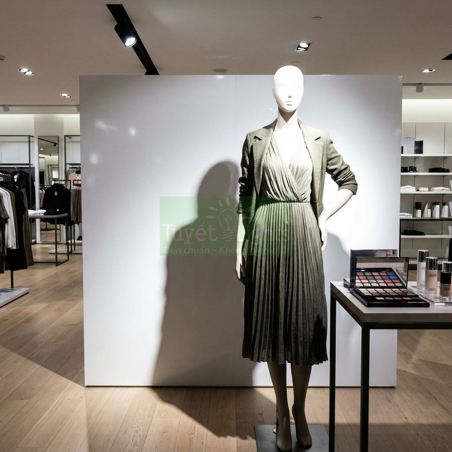 Manocanh mặc váy xếp ly màu xanh rêu kèm áo khoác trong cửa hàng thời trang nữ