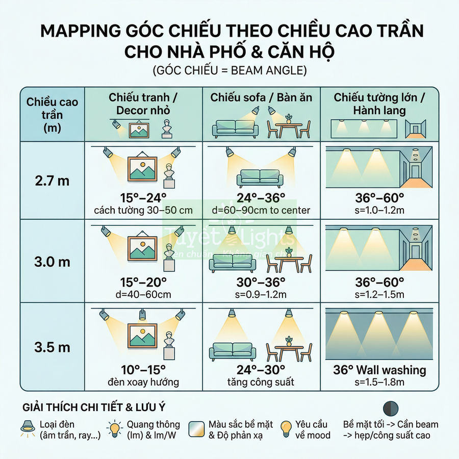 Bảng hướng dẫn chọn góc chiếu đèn LED theo chiều cao trần cho phòng khách, bàn ăn, tranh treo tường và hành lang