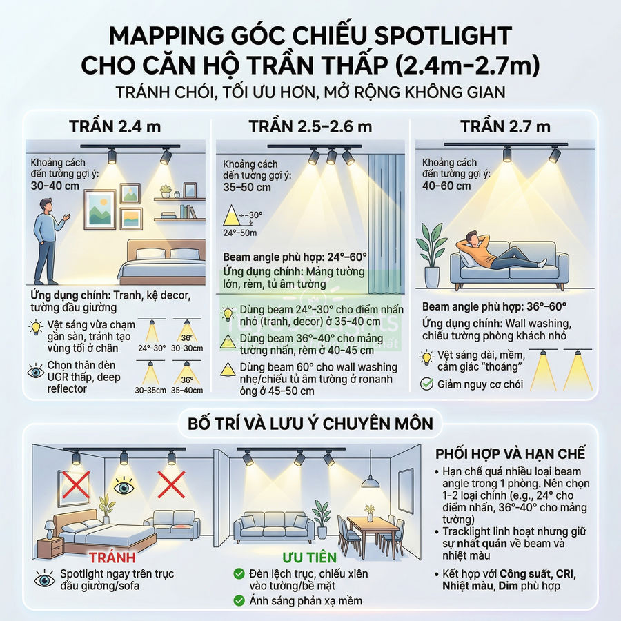 Hướng dẫn bố trí đèn spotlight trần thấp cho phòng ngủ và phòng khách, tránh chói và tối ưu chiếu sáng nội thất