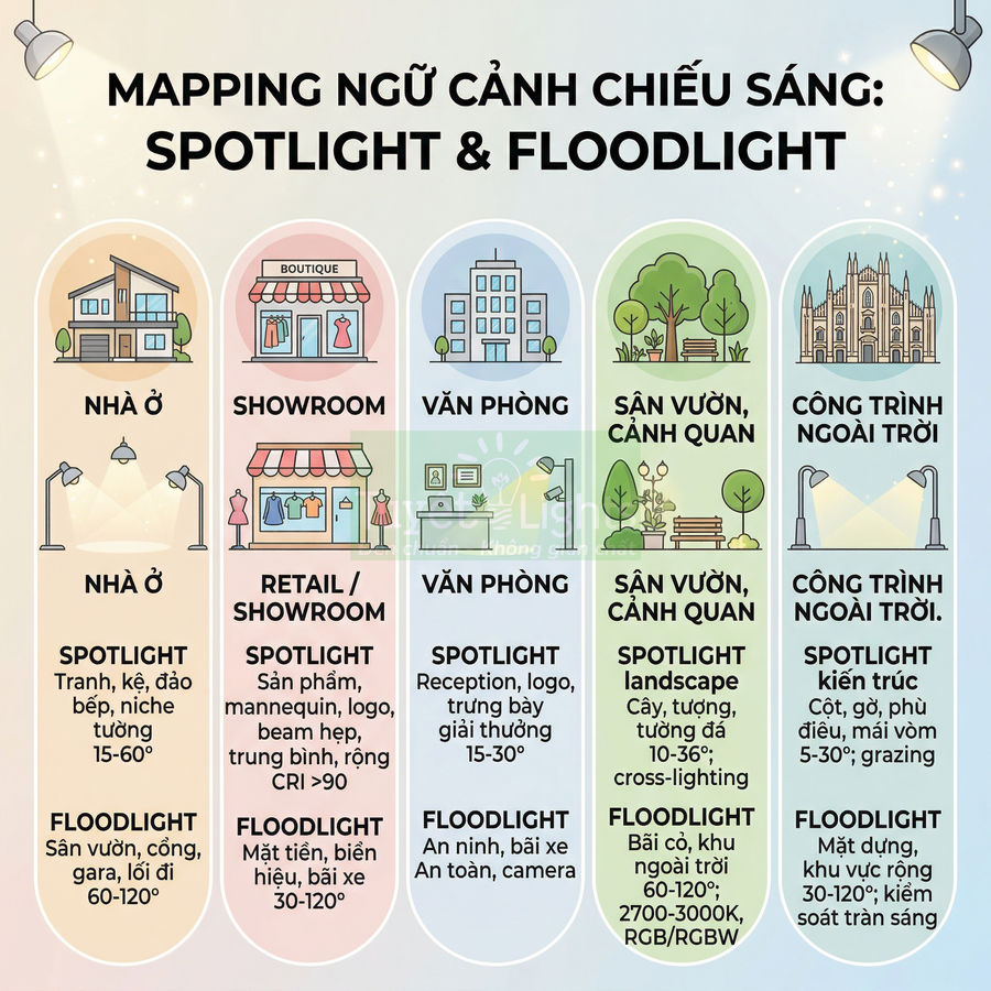 Bảng hướng dẫn chọn đèn spotlight và floodlight cho nhà ở, showroom, văn phòng, sân vườn và công trình ngoài trời