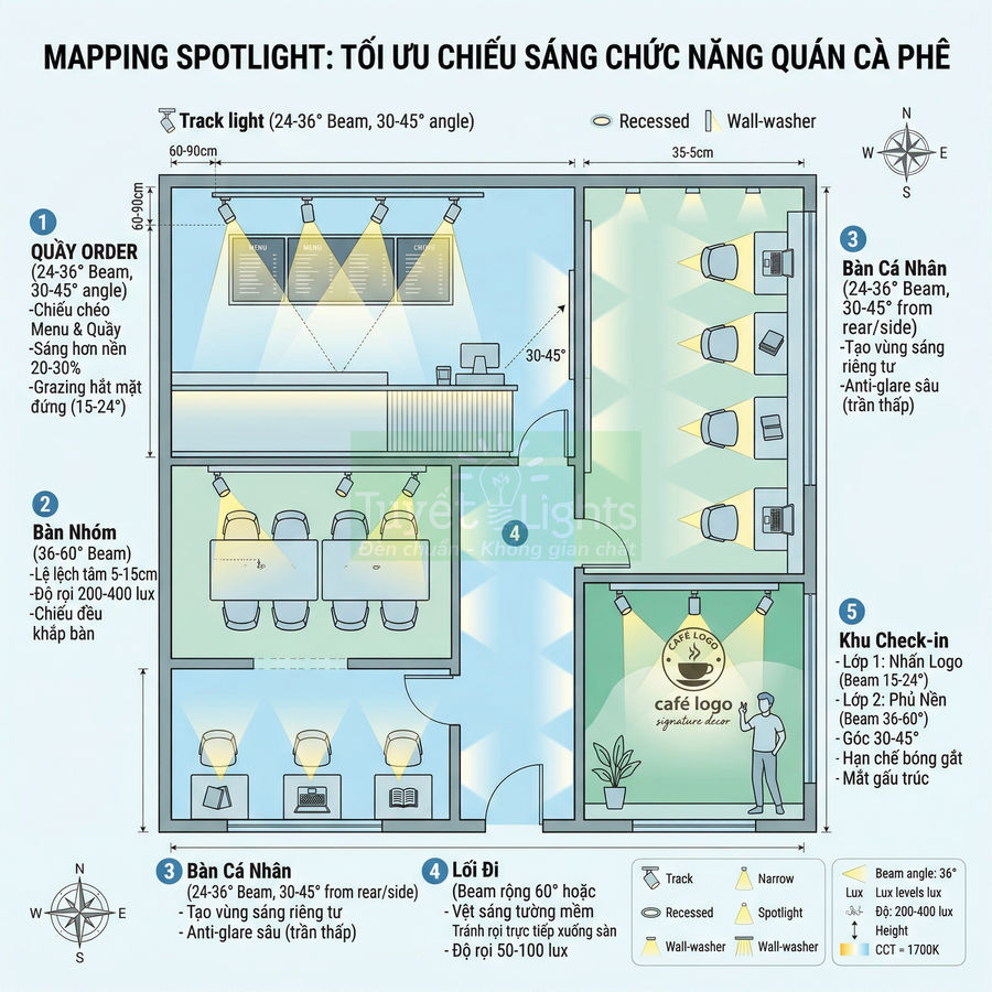 Sơ đồ bố trí đèn spotlight tối ưu chiếu sáng chức năng cho không gian quán cà phê