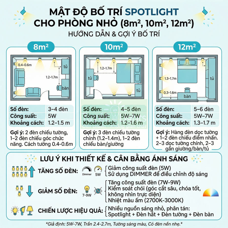 Hướng dẫn bố trí đèn spotlight cho phòng nhỏ 8m2 10m2 12m2 với số lượng đèn và khoảng cách lắp đặt