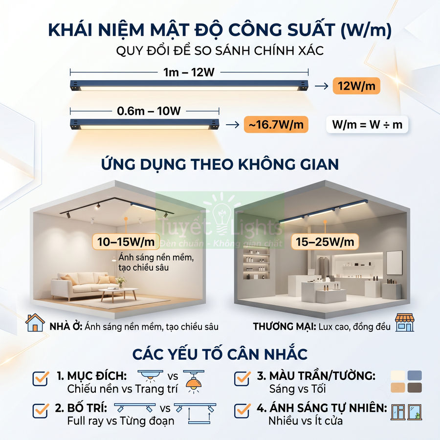 Infographic hướng dẫn chọn mật độ công suất đèn ray LED Tuyết Lights cho nhà ở và không gian thương mại