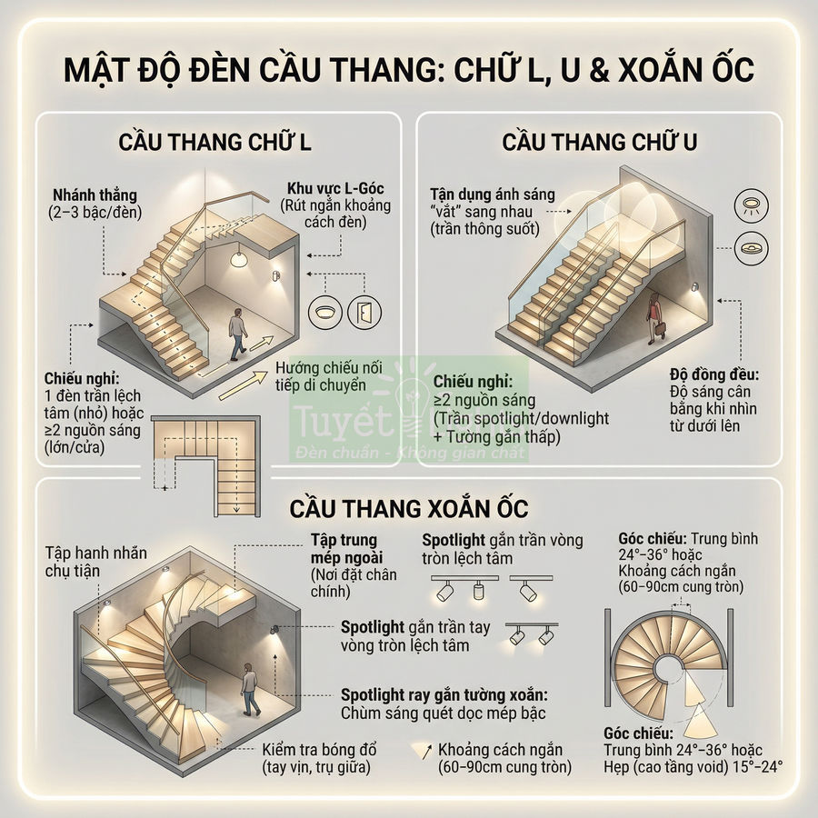 Minh họa cách bố trí đèn chiếu sáng cho cầu thang chữ L, chữ U và cầu thang xoắn ốc trong nhà