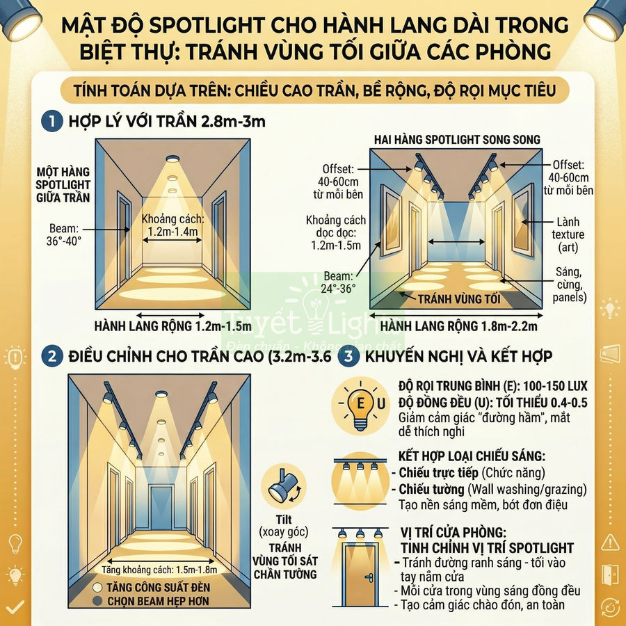 Hướng dẫn bố trí đèn spotlight cho hành lang dài trong biệt thự để tránh vùng tối giữa các phòng