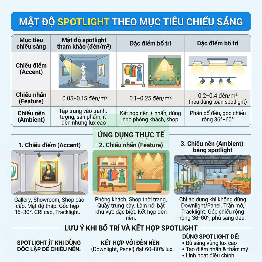 Bảng hướng dẫn mật độ đèn spotlight theo mục tiêu chiếu sáng accent feature ambient và ứng dụng thực tế trong không gian nội thất