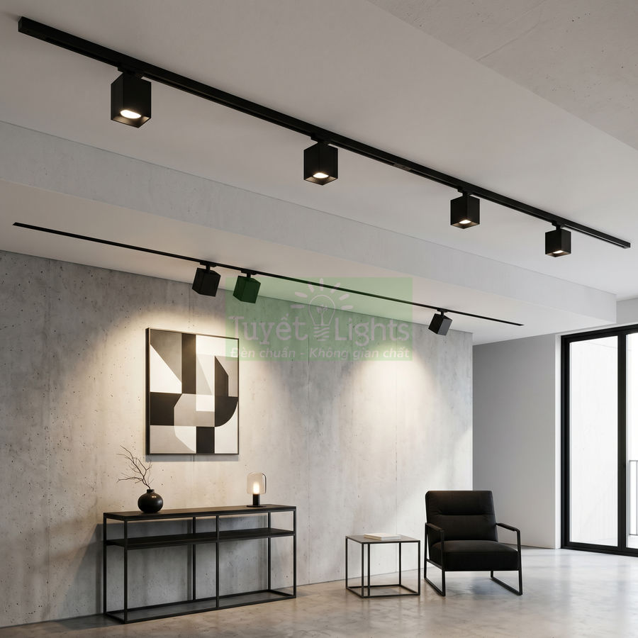 Đèn rọi ray đen Tuyết Lights chiếu sáng phòng khách hiện đại tường bê tông và nội thất tối giản