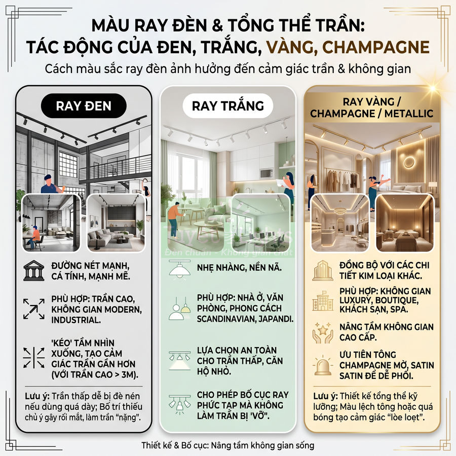 So sánh ray đèn trần màu đen, trắng, vàng champagne trong các không gian nội thất hiện đại, văn phòng và boutique