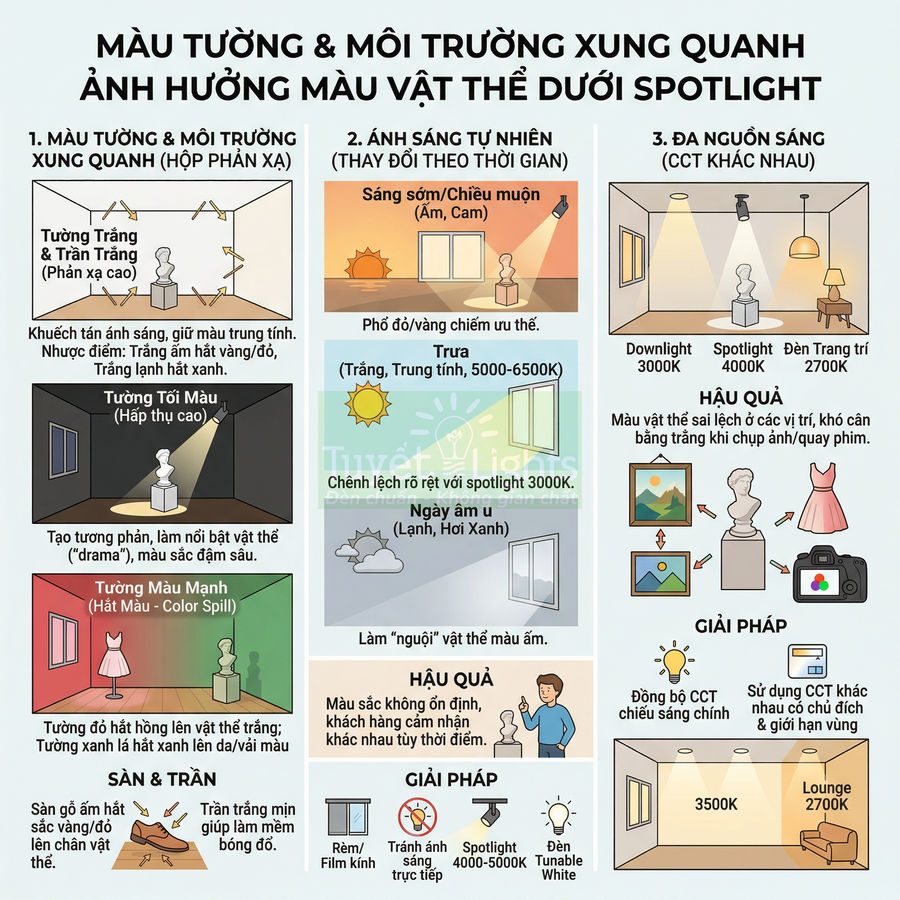Infographic tiếng Việt về ảnh hưởng màu tường, ánh sáng và nguồn sáng đến màu vật thể dưới đèn spotlight