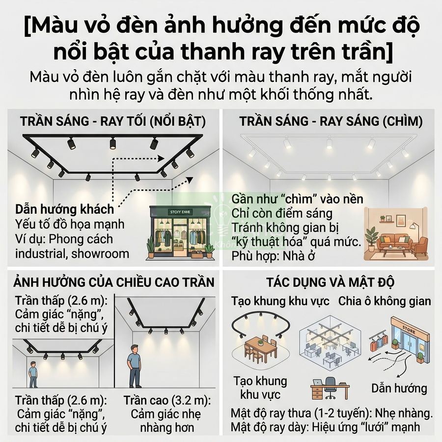 Minh họa cách chọn màu và bố trí đèn rọi ray trần sáng tối cho nhà ở, showroom và văn phòng