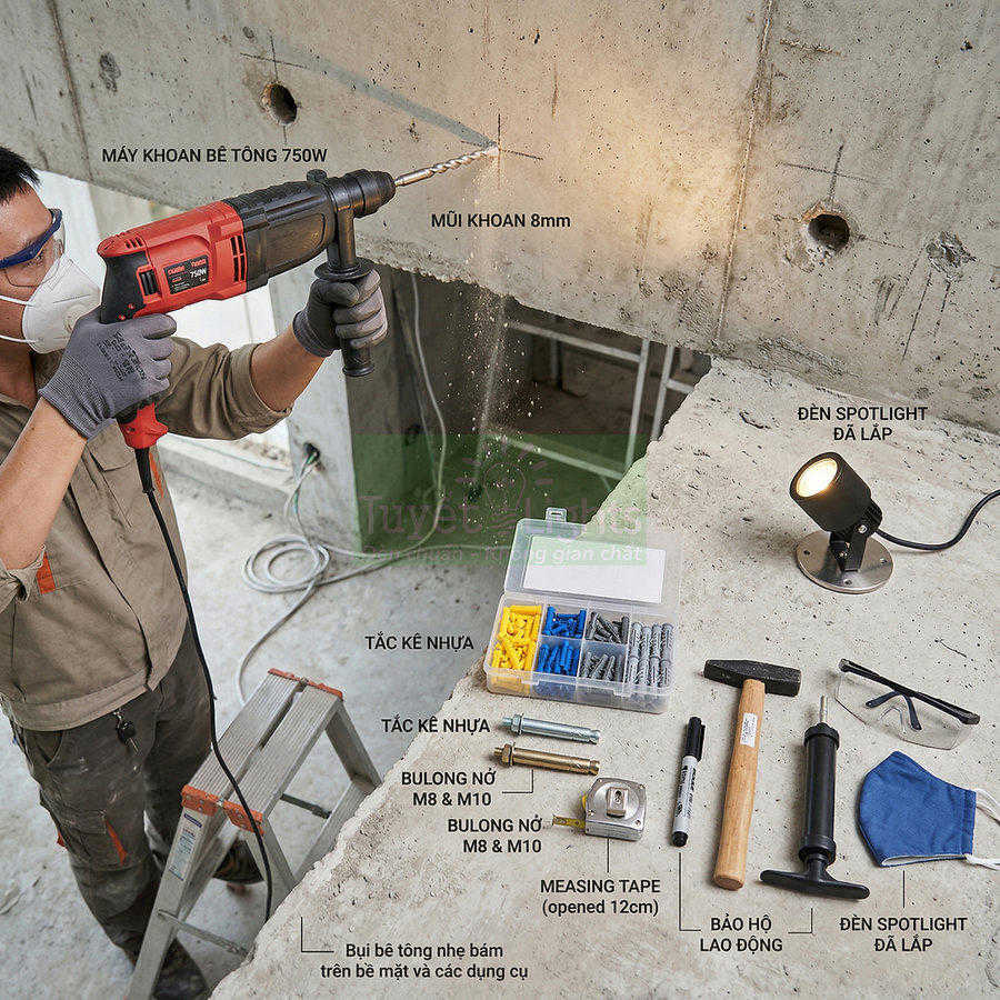 Bộ dụng cụ lắp đặt đèn spotlight âm tường với máy khoan bê tông và phụ kiện nở tắc kê bulong