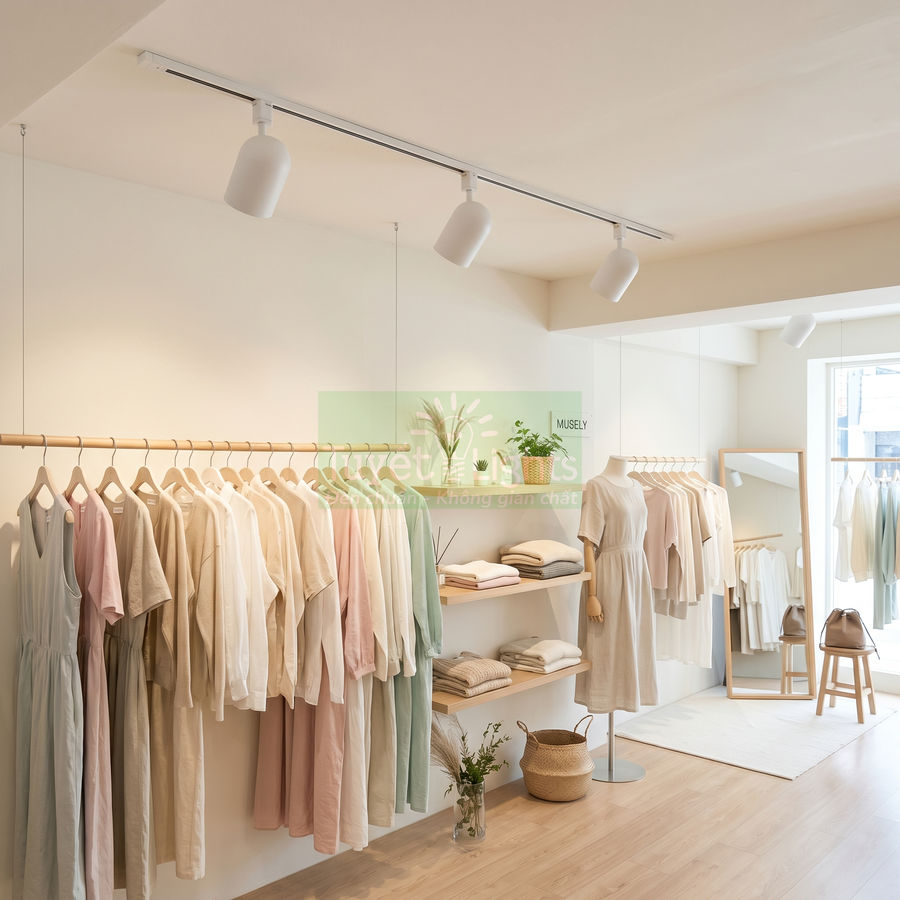 Cửa hàng quần áo nữ tối giản với váy và áo màu pastel treo trên giá gỗ trong không gian sáng tự nhiên