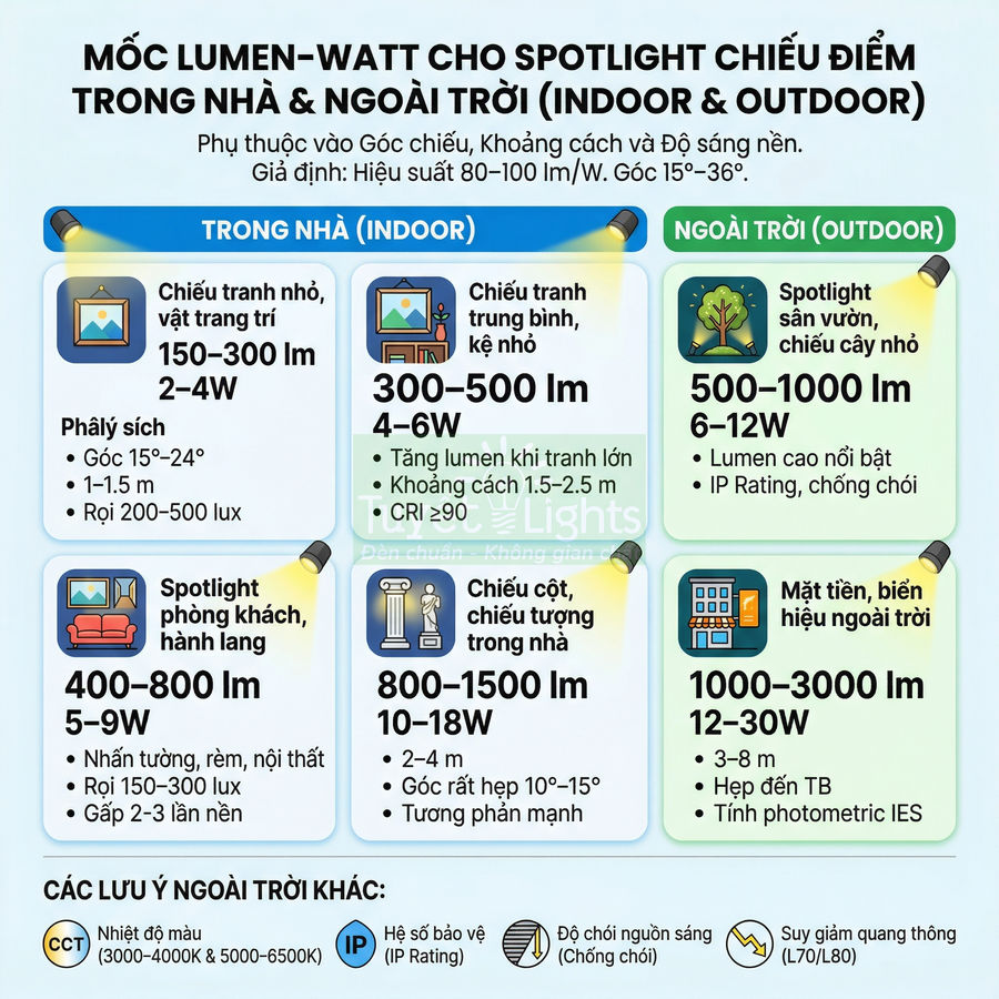 Bảng hướng dẫn chọn công suất và lumen cho đèn spotlight chiếu điểm trong nhà và ngoài trời