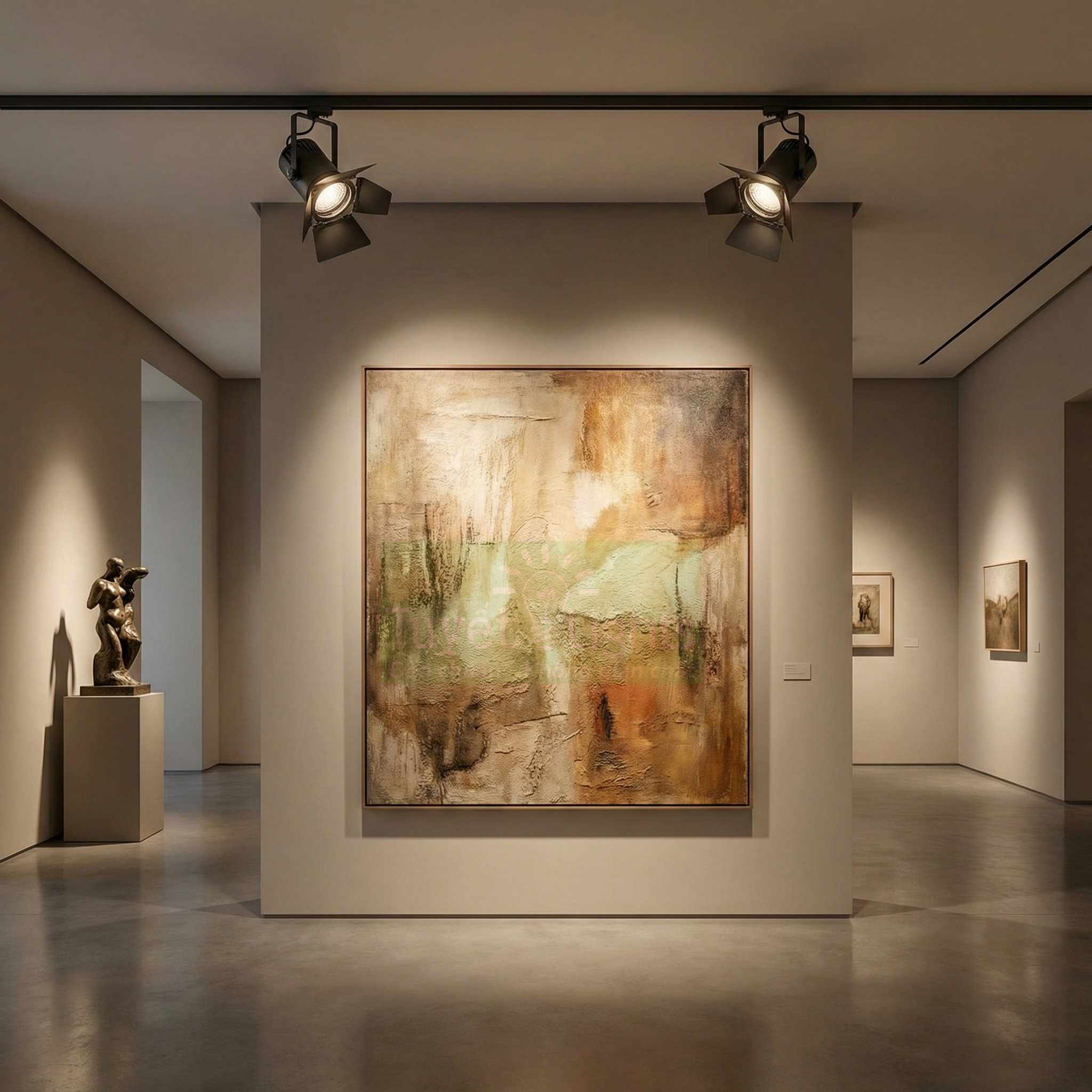 Tranh trừu tượng khổ lớn treo trên tường phòng trưng bày nghệ thuật hiện đại với ánh đèn chiếu sáng