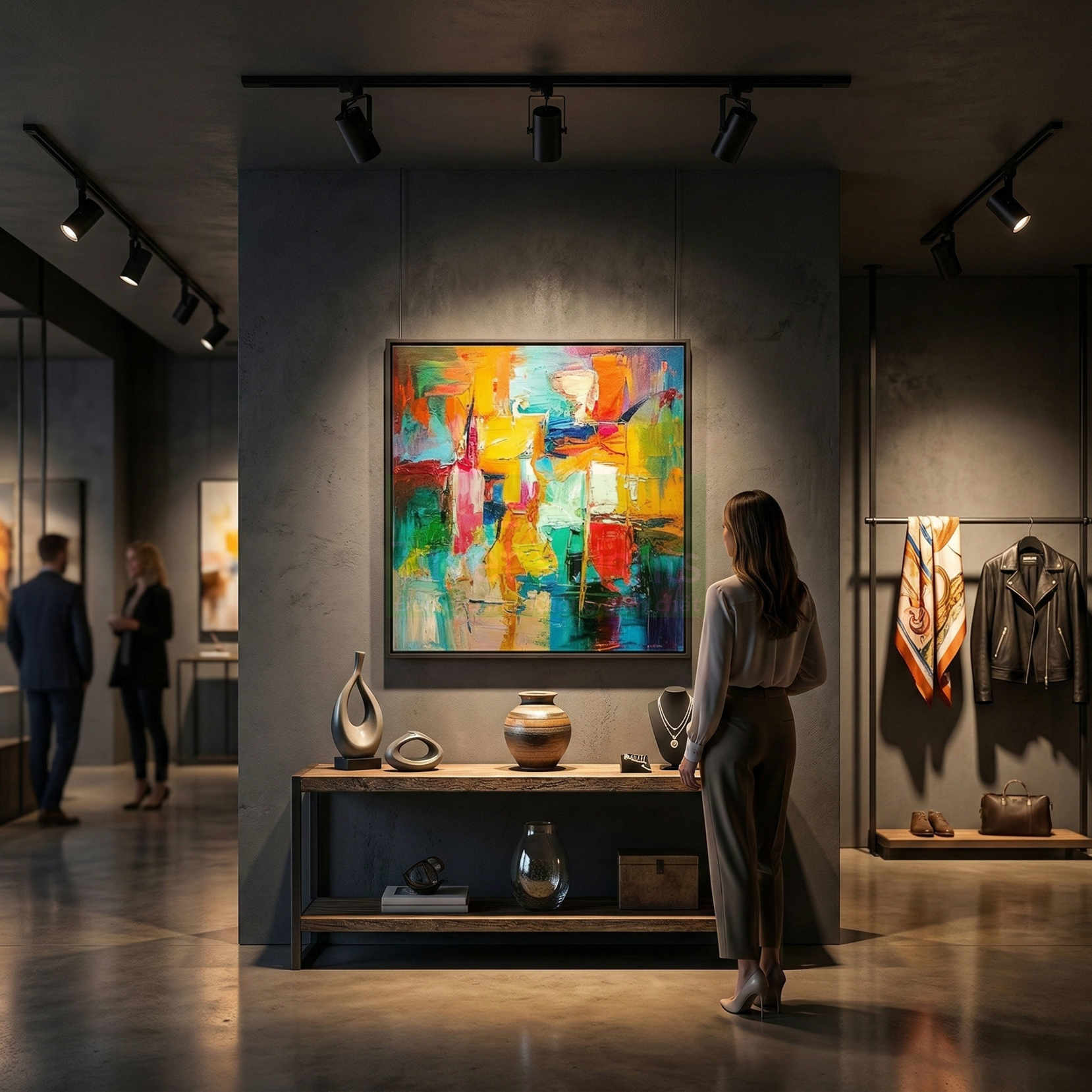 Tranh trừu tượng nhiều màu sắc treo trên tường phòng trưng bày nghệ thuật hiện đại với đồ gốm và trang sức bên dưới