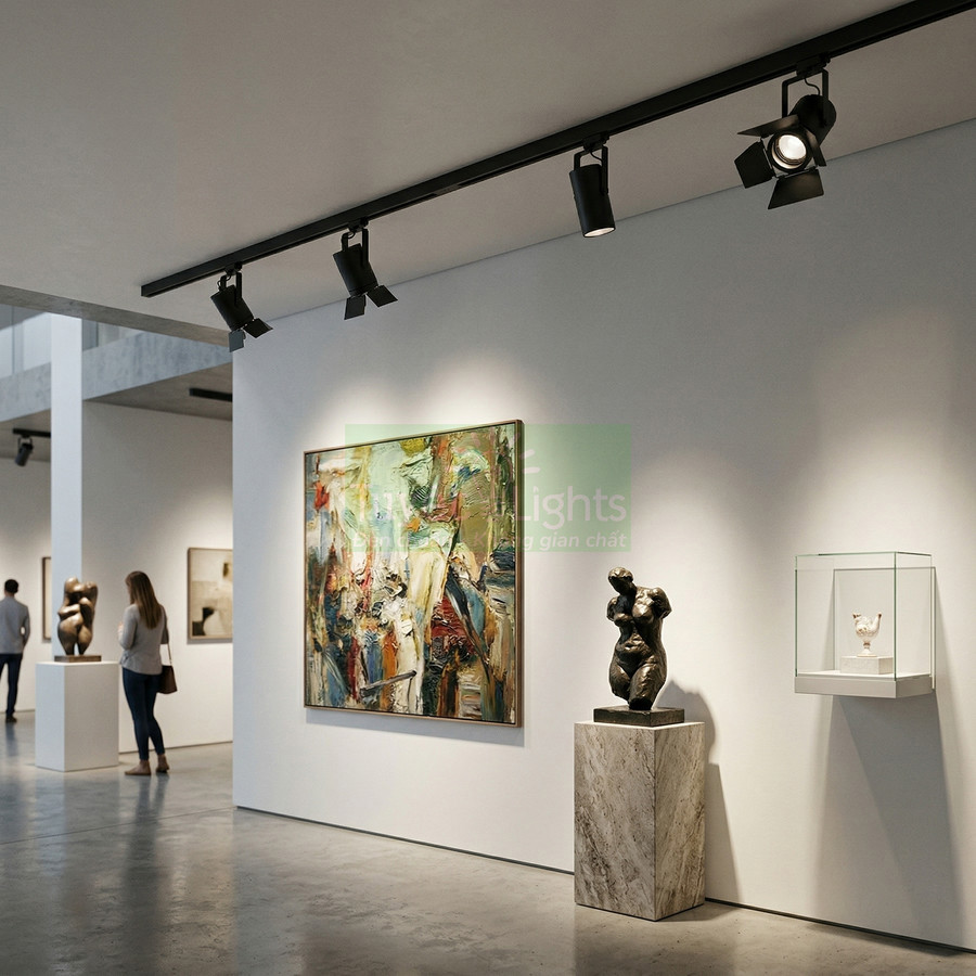 Đèn rọi ray chiếu sáng tranh và tượng trong không gian phòng trưng bày nghệ thuật hiện đại