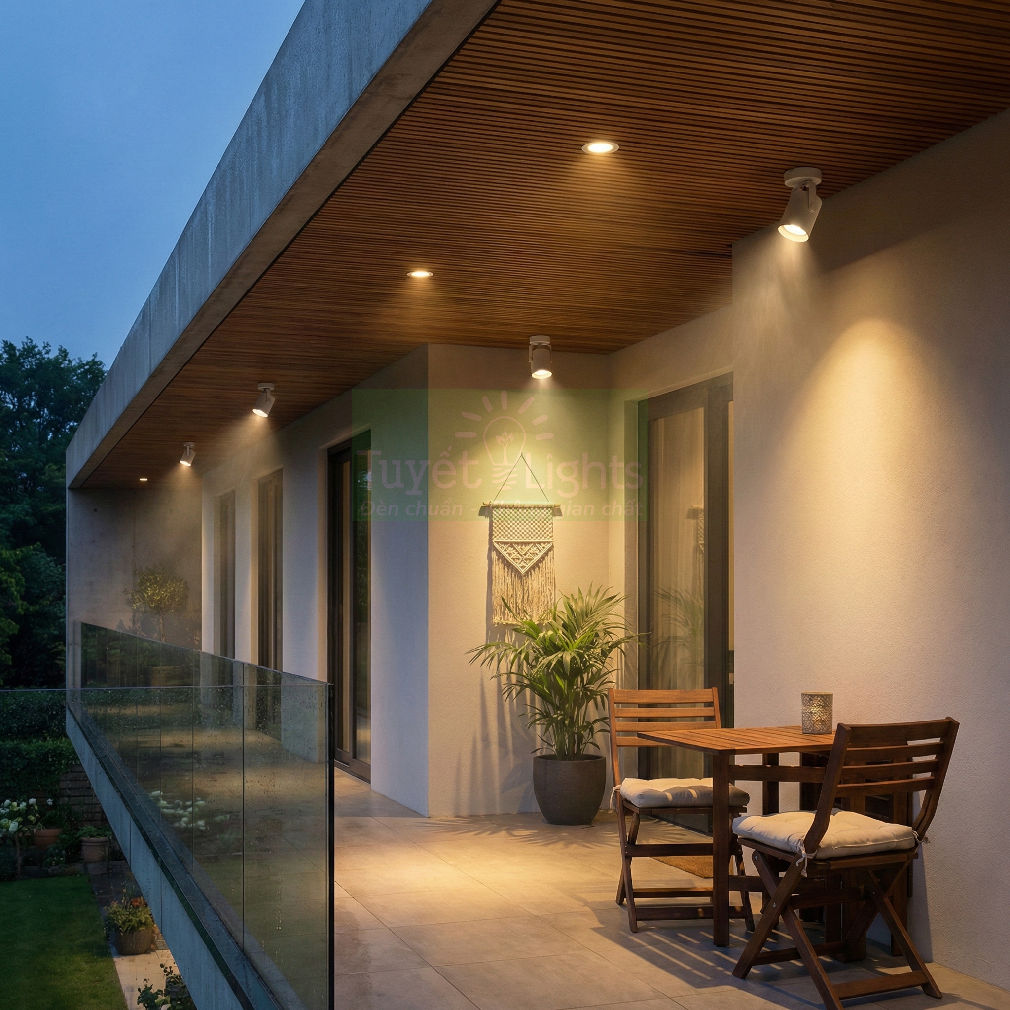Đèn rọi trần ngoài trời chiếu sáng ban công hiện đại với bàn ghế gỗ và cây xanh