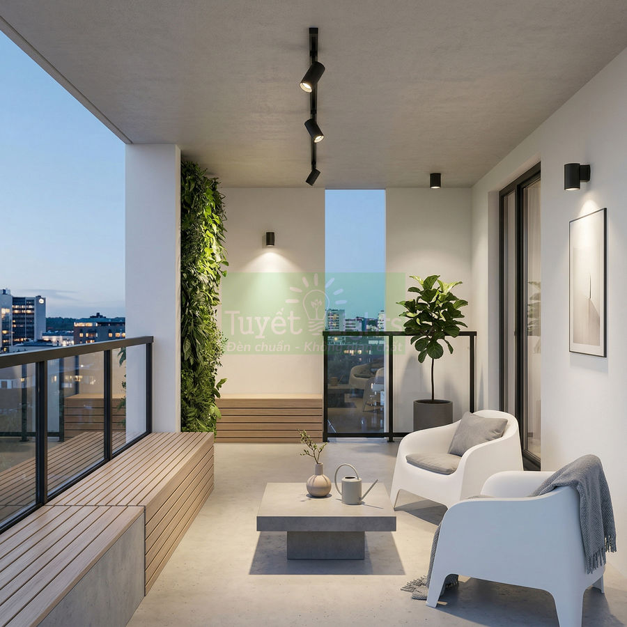 Đèn rọi trần màu đen chiếu sáng ban công hiện đại với ghế trắng và bàn trà thấp