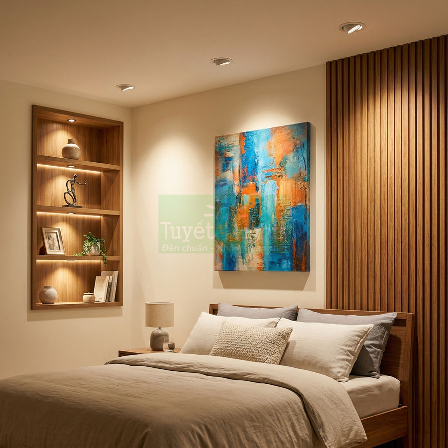 Đèn âm trần chiếu sáng phòng ngủ hiện đại với giường gỗ, tranh treo tường và kệ trang trí gắn tường