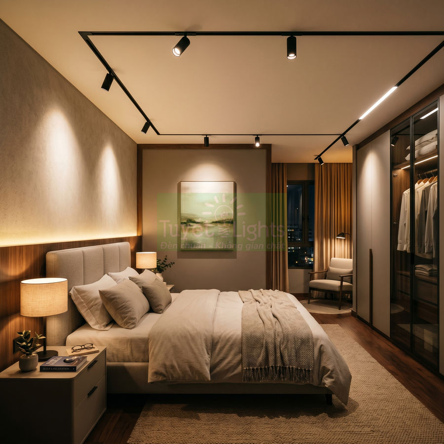 Đèn rọi ray LED chiếu sáng phòng ngủ hiện đại với giường đôi và tủ quần áo kính