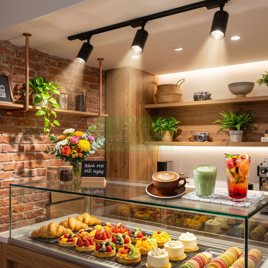 Quầy bánh ngọt và đồ uống trong quán cà phê với bánh tart trái cây, croissant, macaron và latte nghệ thuật latte art