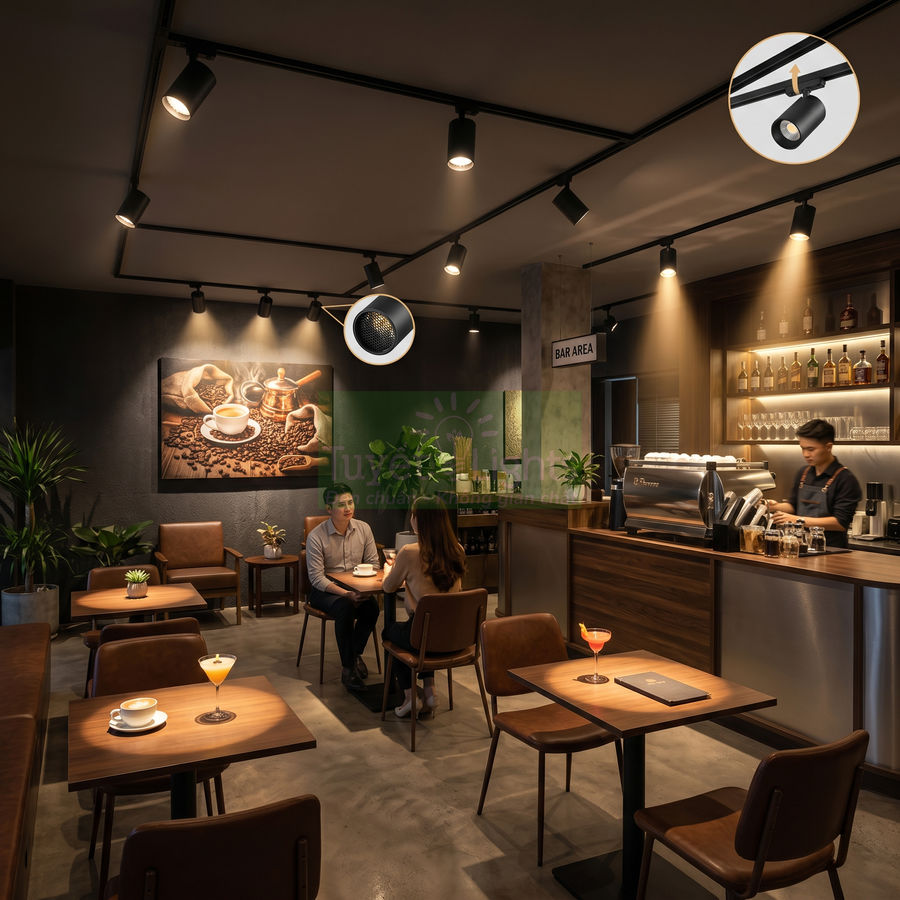 Đèn rọi ray LED chiếu sáng quán cà phê hiện đại với quầy bar và bàn ghế gỗ