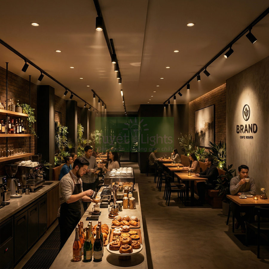 Quán cà phê hiện đại với hệ thống đèn rọi ray chiếu sáng quầy bar và bàn khách ngồi thưởng thức đồ uống