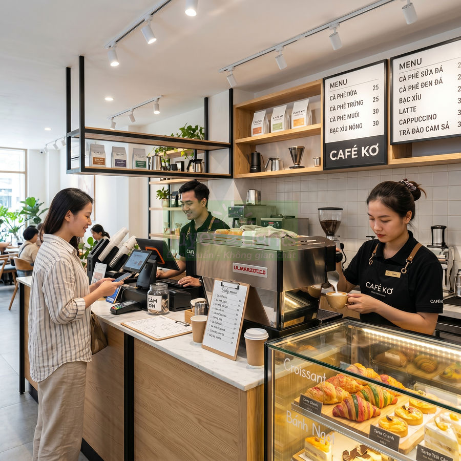 Nhân viên pha chế cà phê bằng máy La Marzocco tại quầy, trước tủ bánh ngọt và menu quán Café Kơ