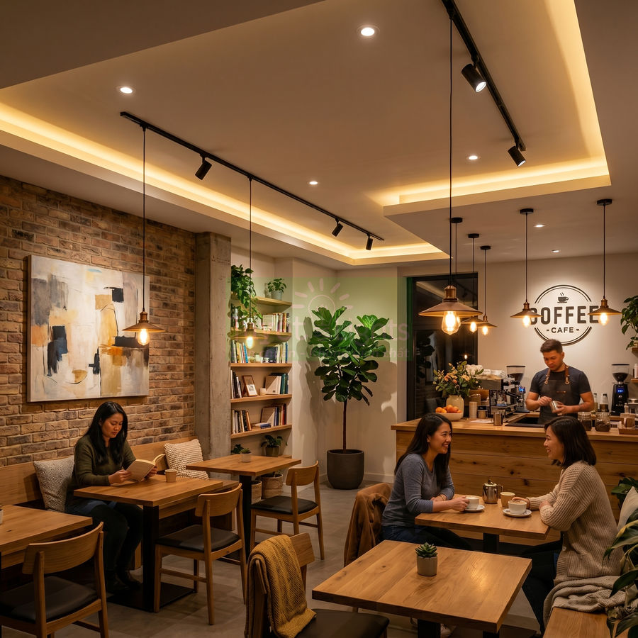 Quán cà phê ấm cúng với quầy barista pha chế và khách ngồi thưởng thức cà phê trên bàn gỗ
