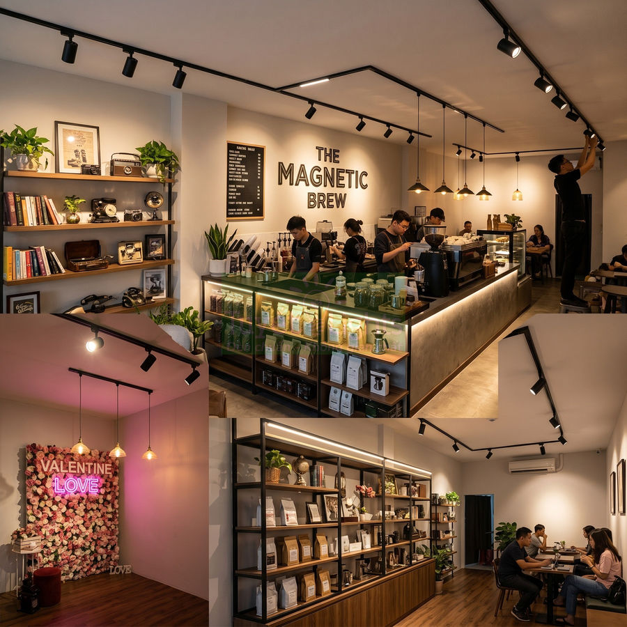 Quán cà phê The Magnetic Brew hiện đại với quầy pha chế, kệ trưng bày cà phê và khách ngồi làm việc