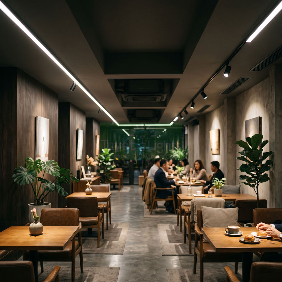 Quán cà phê hiện đại với bàn ghế gỗ, cây xanh trang trí và khách đang thưởng thức đồ uống, bánh ngọt