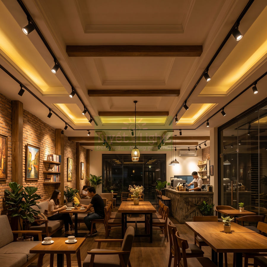 Quán cà phê ấm cúng với bàn ghế gỗ, đèn trần trang trí và barista pha chế sau quầy bar