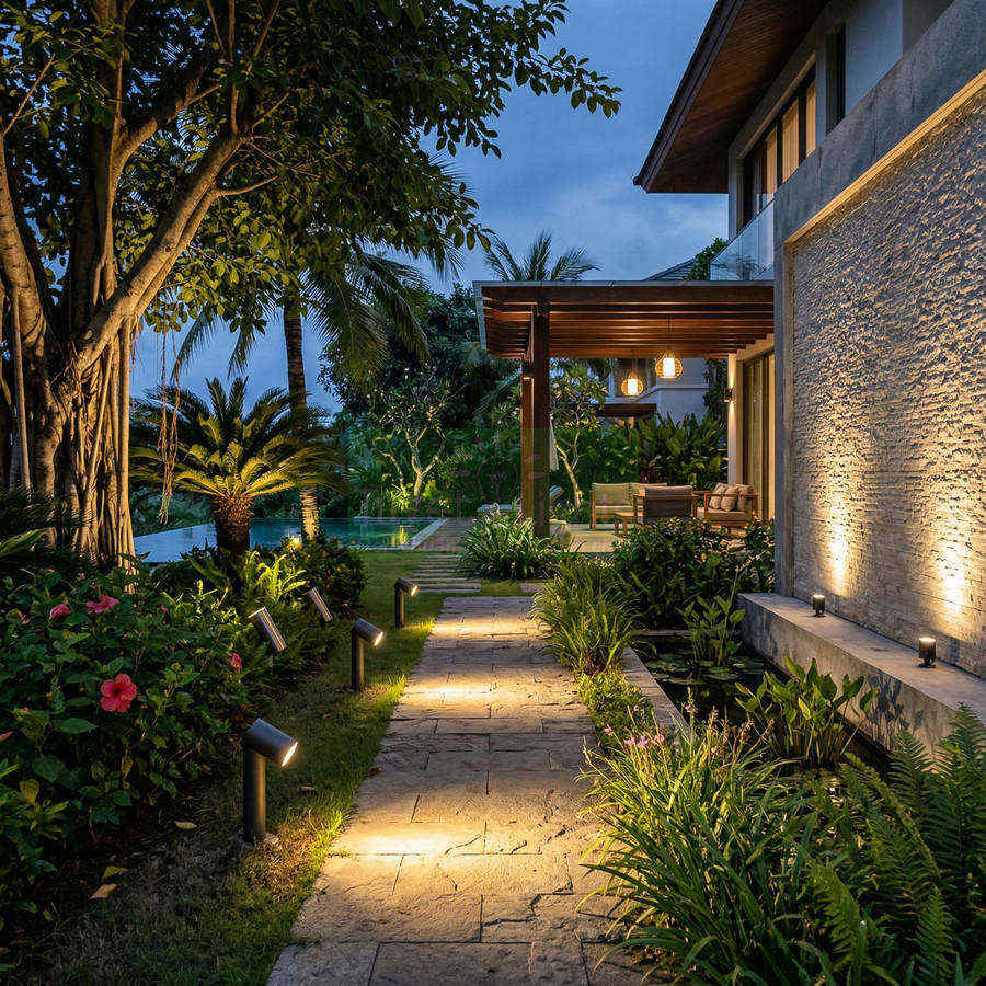 Đèn sân vườn chiếu sáng lối đi đá cạnh hồ bơi và hiên nhà hiện đại buổi tối