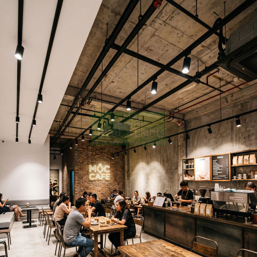 Không gian quán Mộc Cafe hiện đại với quầy pha chế, máy pha cà phê và khách ngồi thưởng thức đồ uống