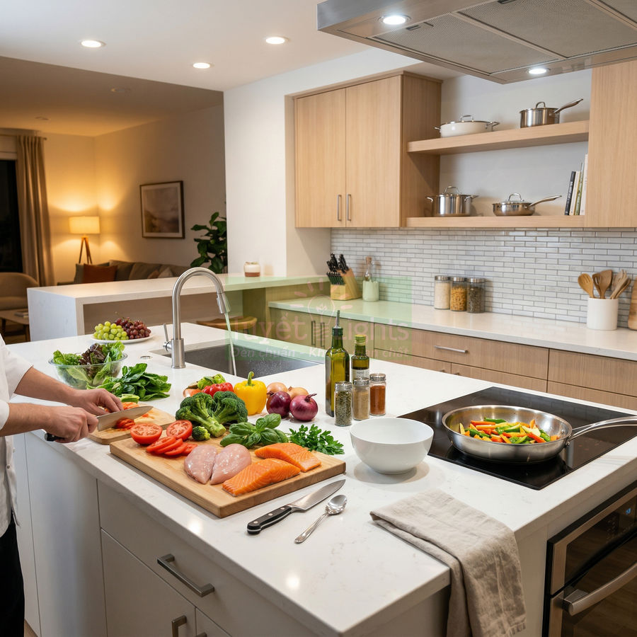 Bếp hiện đại với người đang sơ chế cá hồi, ức gà và rau củ tươi trên đảo bếp sạch sẽ