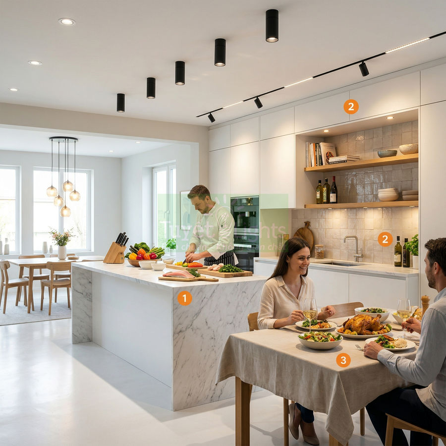 Đèn downlight trần chiếu sáng phòng bếp hiện đại với đảo bếp đá cẩm thạch và bàn ăn gia đình