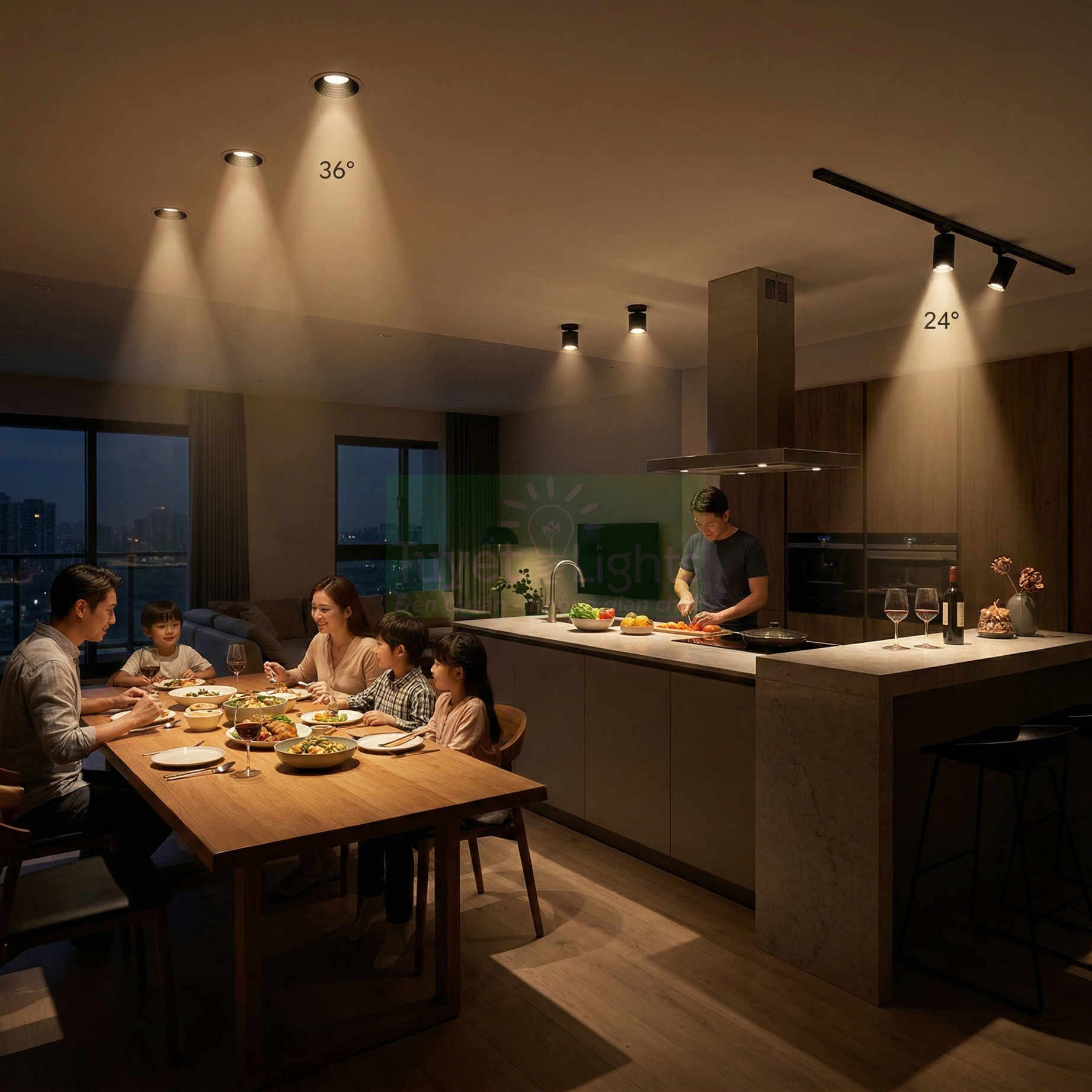 Đèn downlight âm trần chiếu sáng bàn ăn và bếp trong không gian nhà bếp hiện đại buổi tối